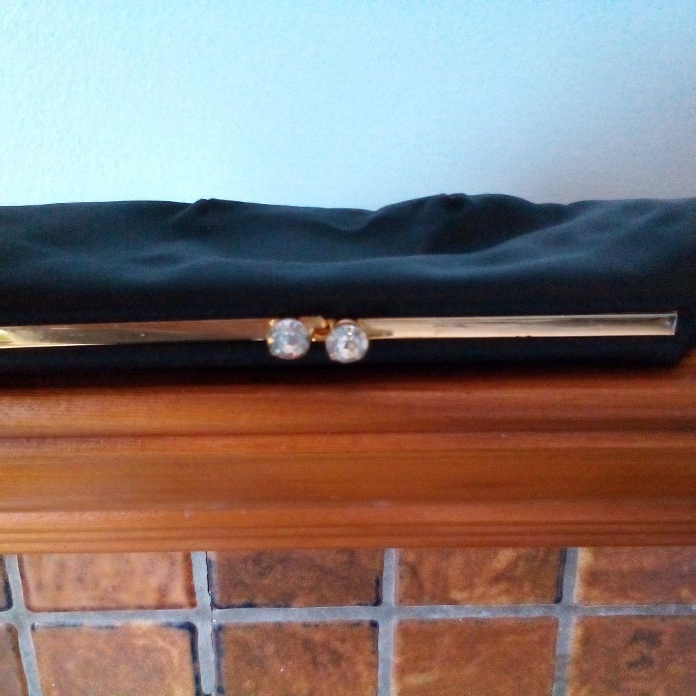 APRIL SALE! Vintage Black Satin Clutch Purse 1950s era w/ Faux Diamond Fastener